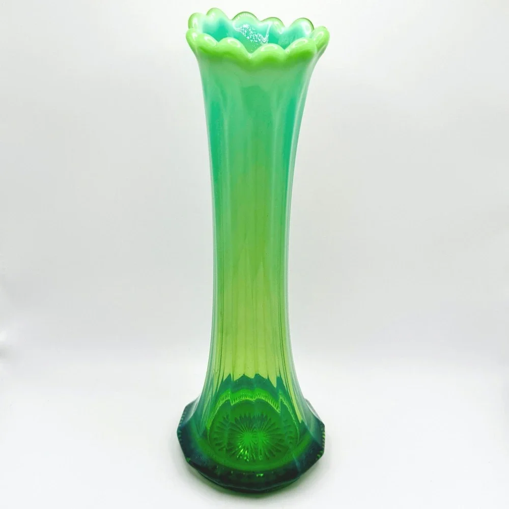 Vintage Green Opalescent Glass Vase 10